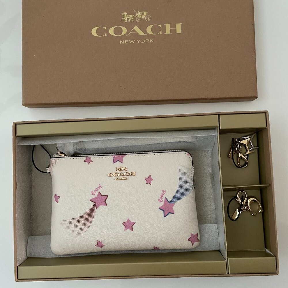 Coach wristlet boxed zip corner wristlet with disco star print chalk